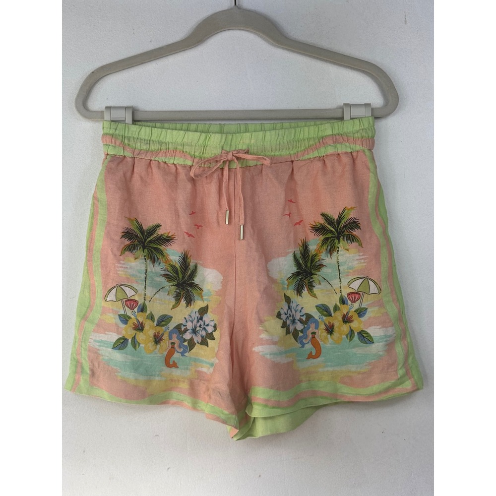 C&C California Tropical Palm Tree Linen Blend Shorts Peach Green Womens Size 8